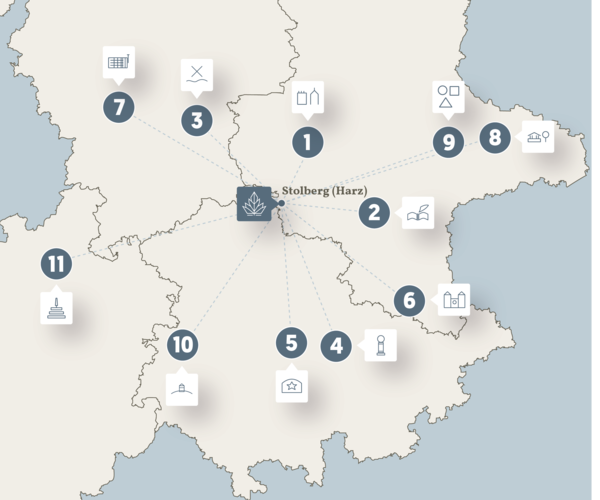11 UNESCO Welterbestätten in der Nähe von Stolberg Die Karte zeigt 11 UNESCO Welterbestätten in der Nähe von Stolberg Harz, die man in unter 2 Stunden Fahrtzeit besuchen kann.
